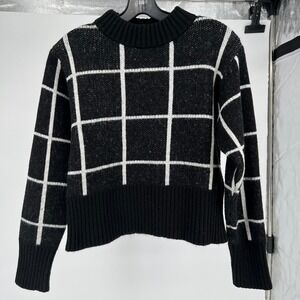 Y2K preppy work POOF NEW YORK Black White Grid Mock Neck Sweater Knit Top Siz L‎